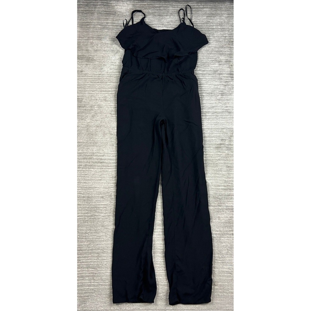 MINE Jumpsuit Womens Large Black Ruffle Neck Wide Leg TA8518 Rayon Elastic Waist
